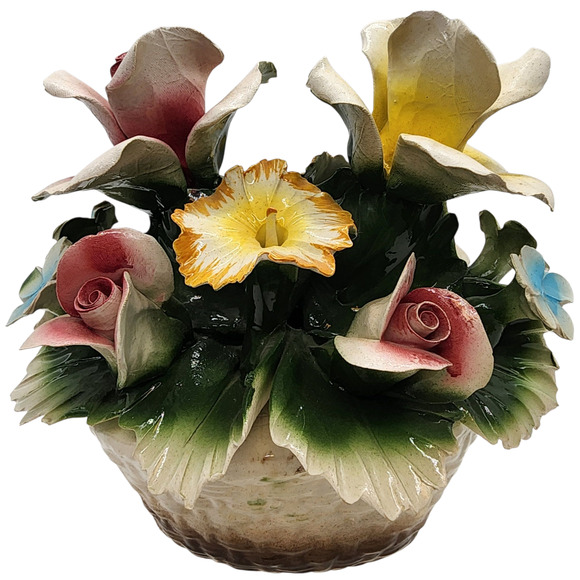 Vintage Nuova Capodimonte Large Porcelain Basket of Pink Yellow Flowers Italy - Picture 3 of 8